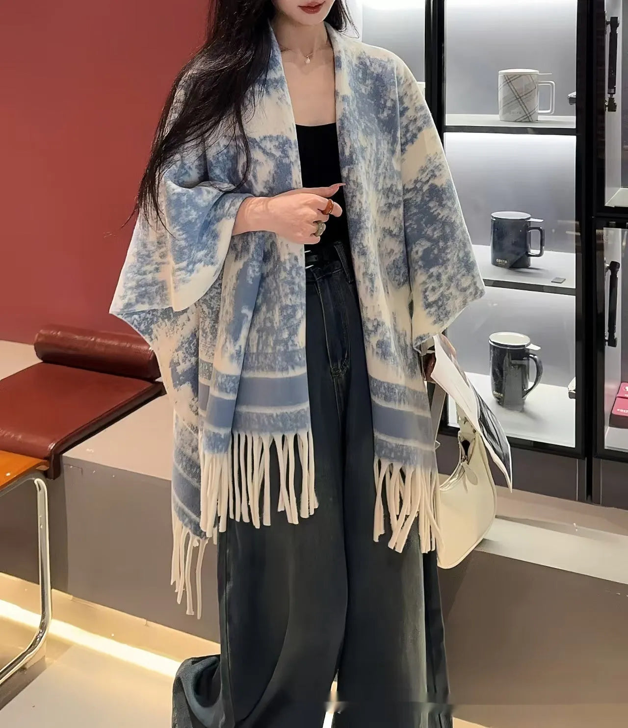 Women's casual tassel scarf cape shawl in polyester fabric with free-size fit