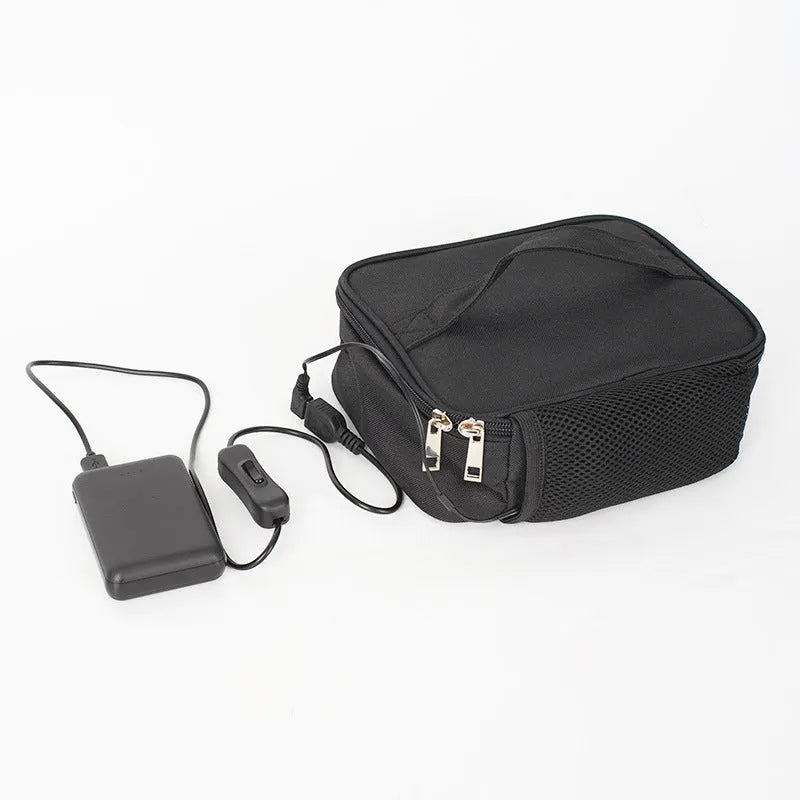 USB heating lunch bag in black Oxford cloth with power cord and thermal interior