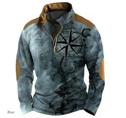 Men's long sleeve t-shirt with retro colour printing and striped zipper decoration on polyester bird eye cloth