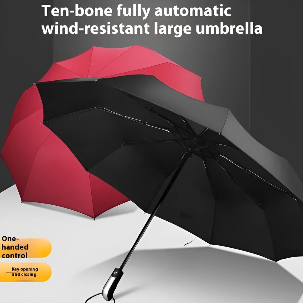 Large black business umbrella with steel frame and automatic opening mechanism