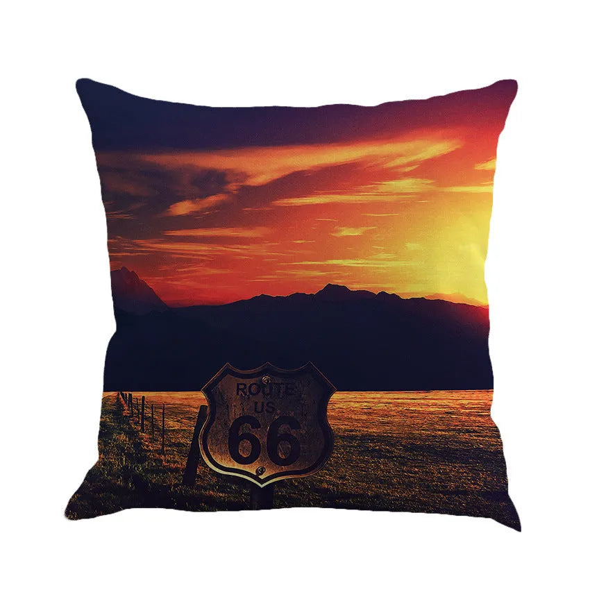 Square linen cushion cover with Route 66 landscape pattern, shown in one of six available colours.