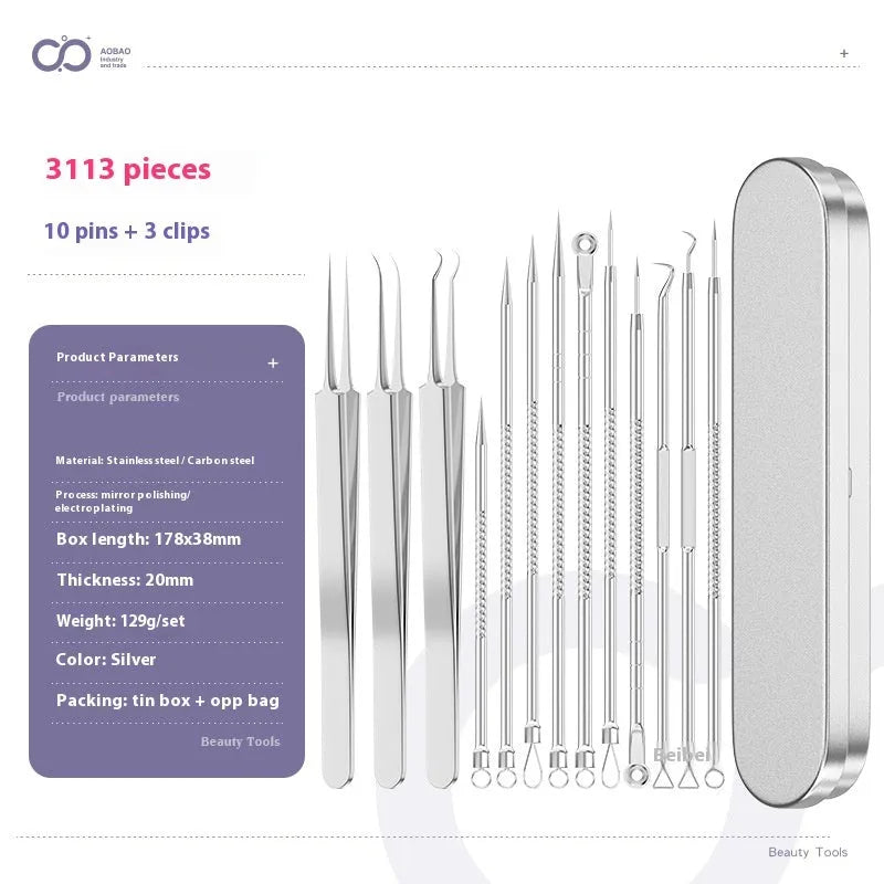 Four silver metal acne needles with ultra-fine pointed tips for skin treatment.