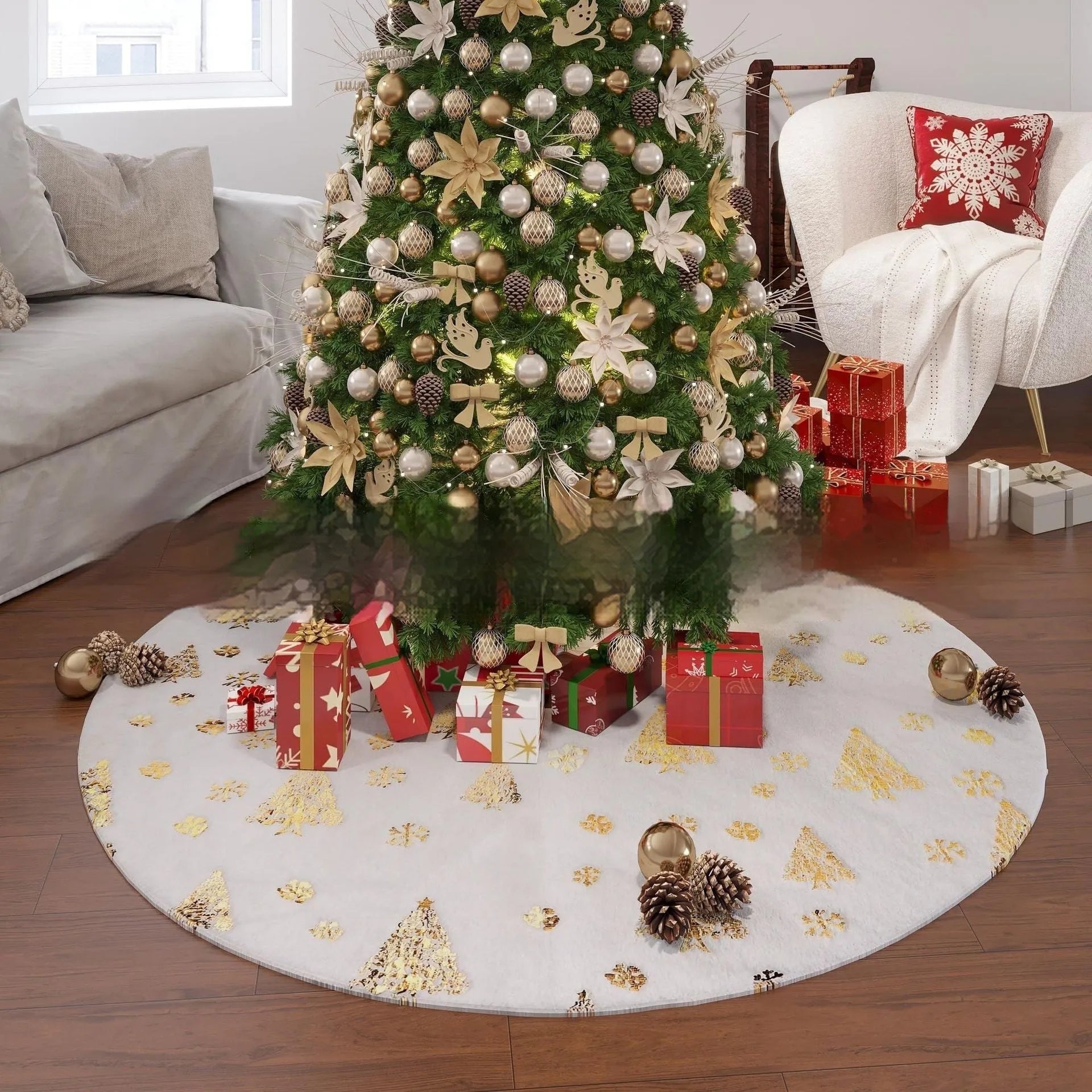 Plush red and green Christmas tree floor mat with snowflake design on a wooden floor.