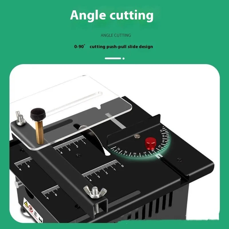 Lithium ion micro household desktop saw with metal construction and angle package for portable cutting
