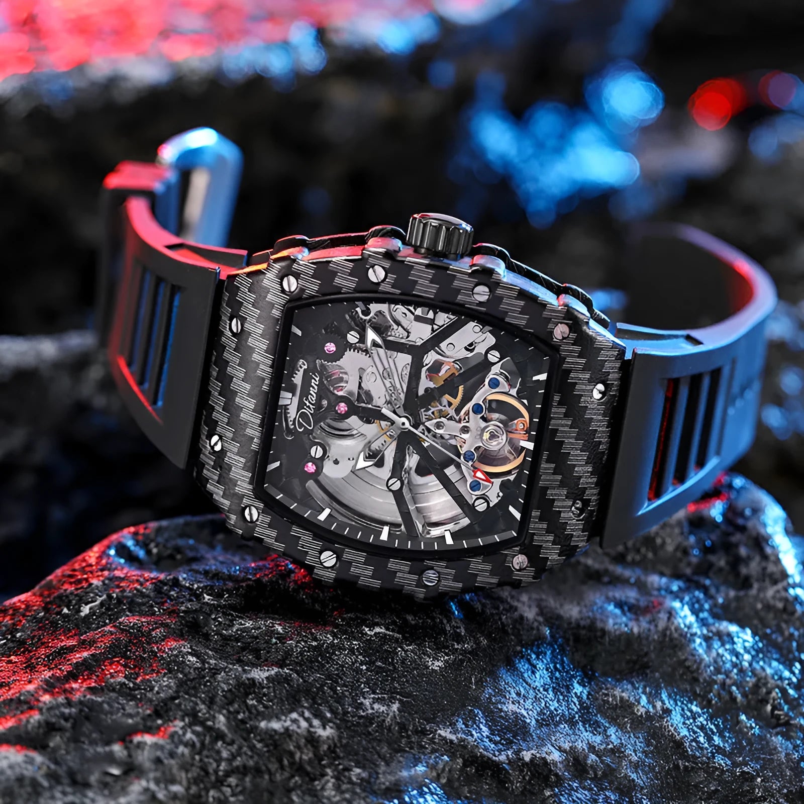 Mechanical men's waterproof watch with luminous dial on a coloured rubber strap