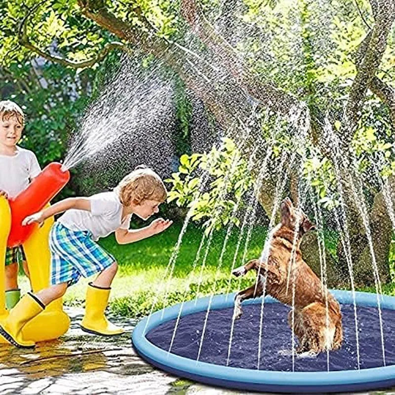 Anti-slip textured dog splash pad sprinkler mat for outdoor water play, shown in a garden.