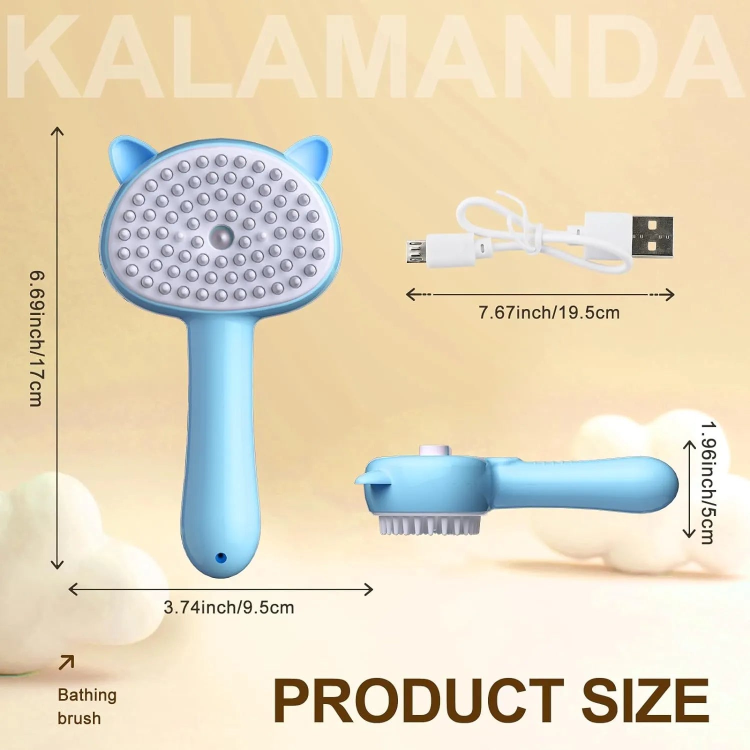 Cat ear-shaped steam brush with ergonomic handle and release button in blue, pink or yellow colour