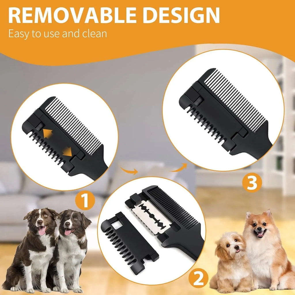 Pet razor comb grooming tool with comb teeth and razor blade, includes ten spare blades.