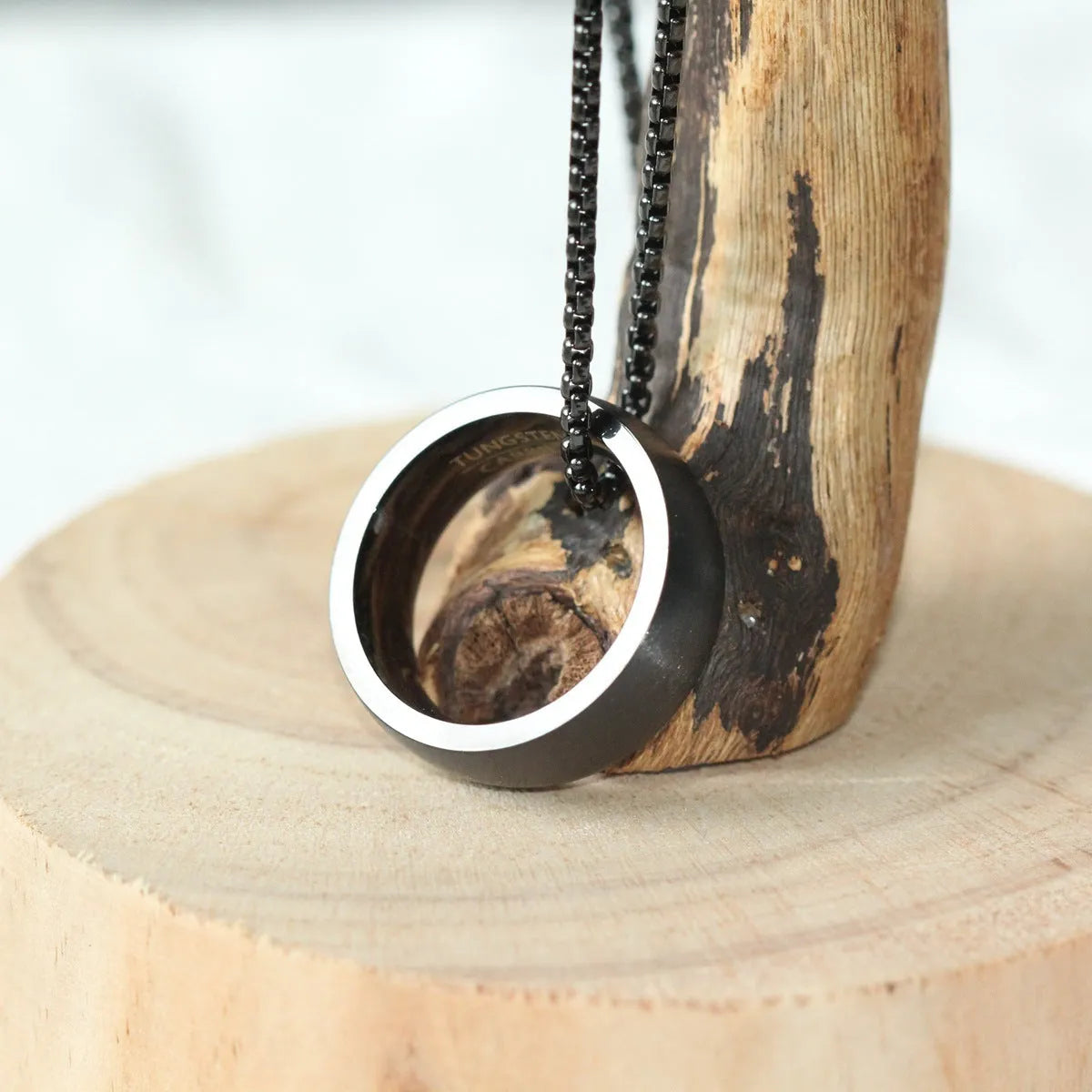 Men's silver pearl chain circle pendant necklace with stainless steel chain and titanium steel pendant on neutral background