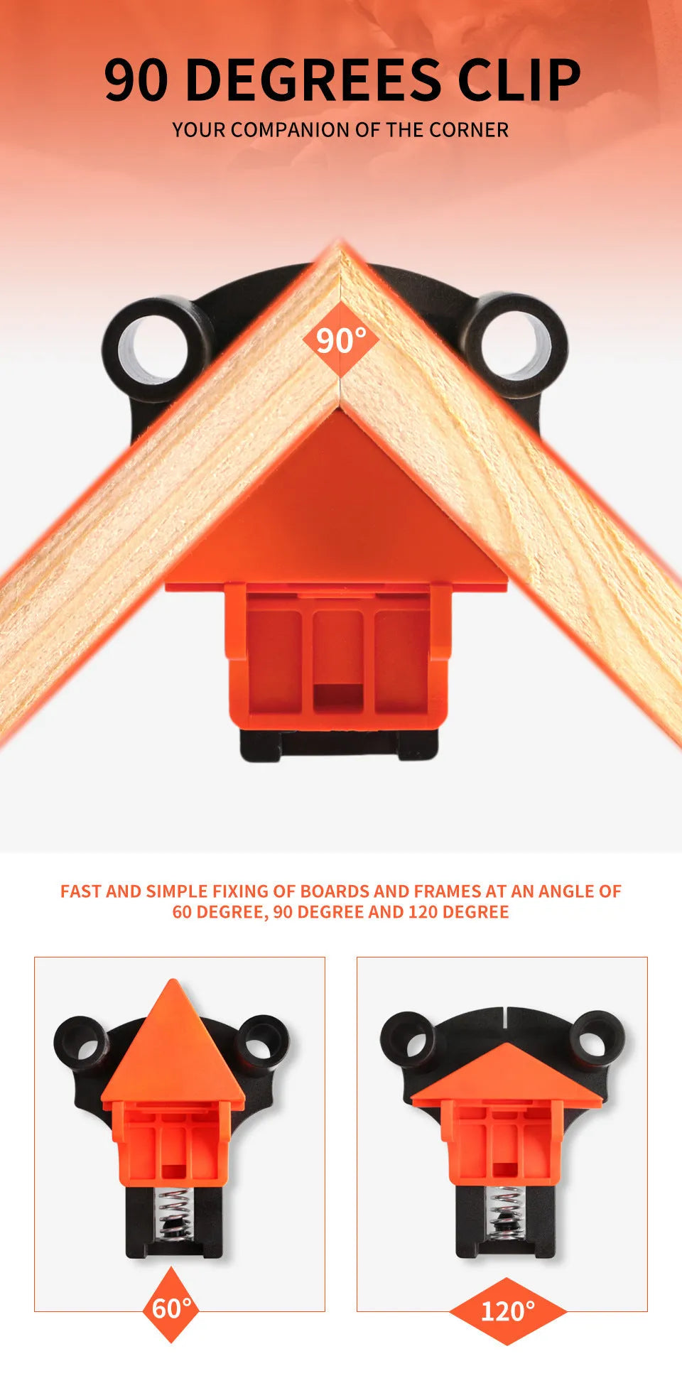 Set of plastic 90-degree right angle clips for picture frame assembly using woodworking clamps