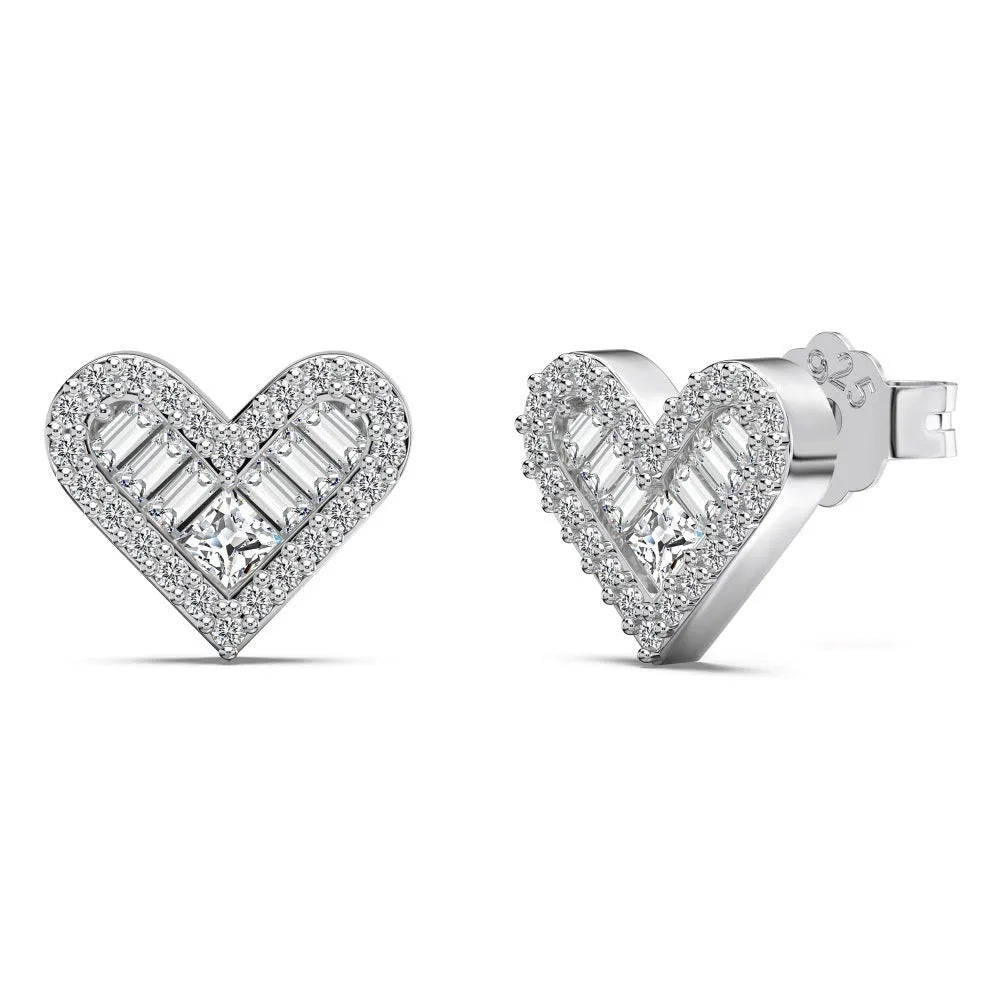 925 sterling silver heart-shaped stud earrings with rhinestone and zircon centre, electroplated, on white background