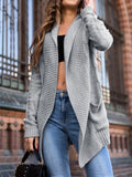 Women's grey loose fit cardigan sweater with pockets, medium length 65cm