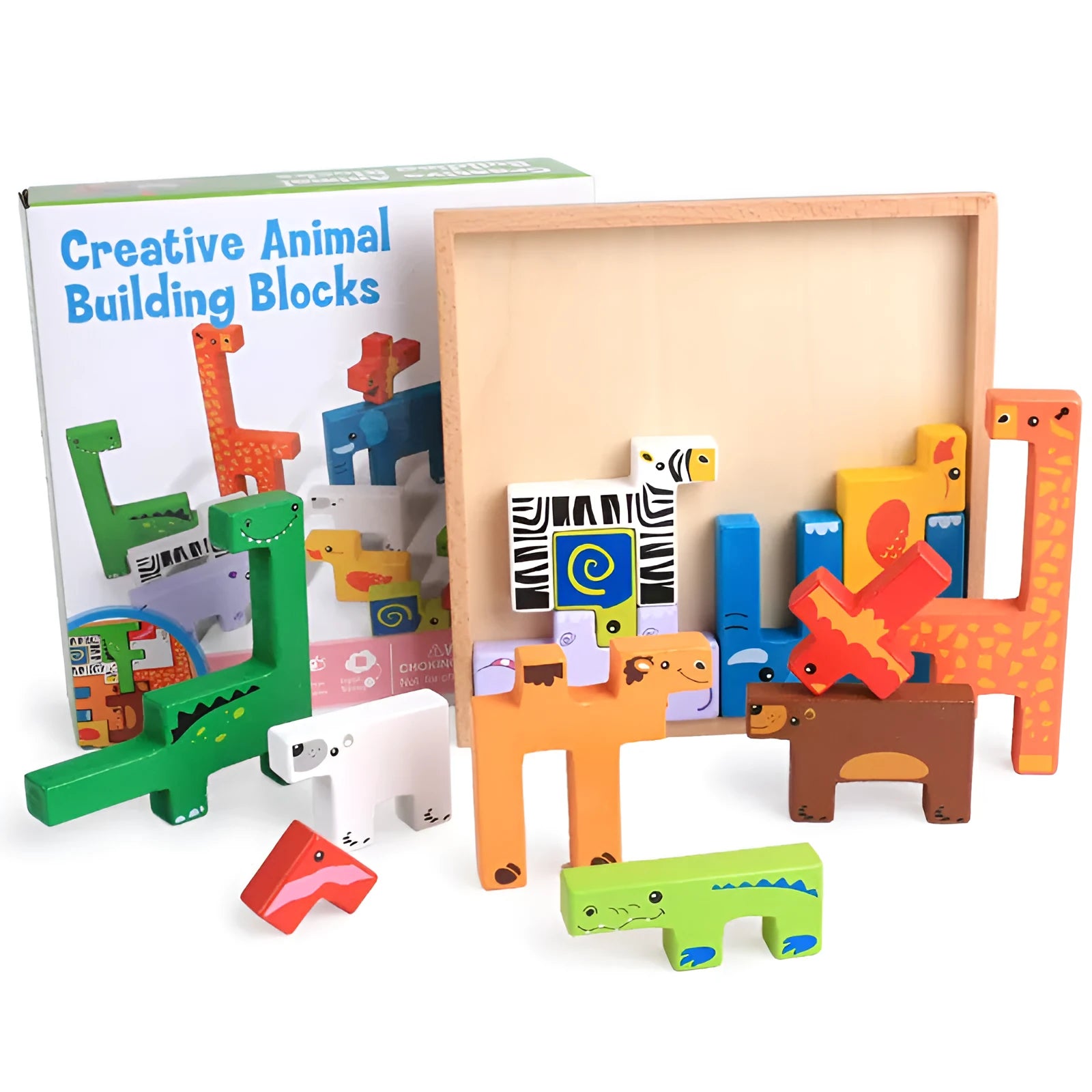 Set of beech wood 3D animal stacking building blocks in colour box for toddlers age 3 plus