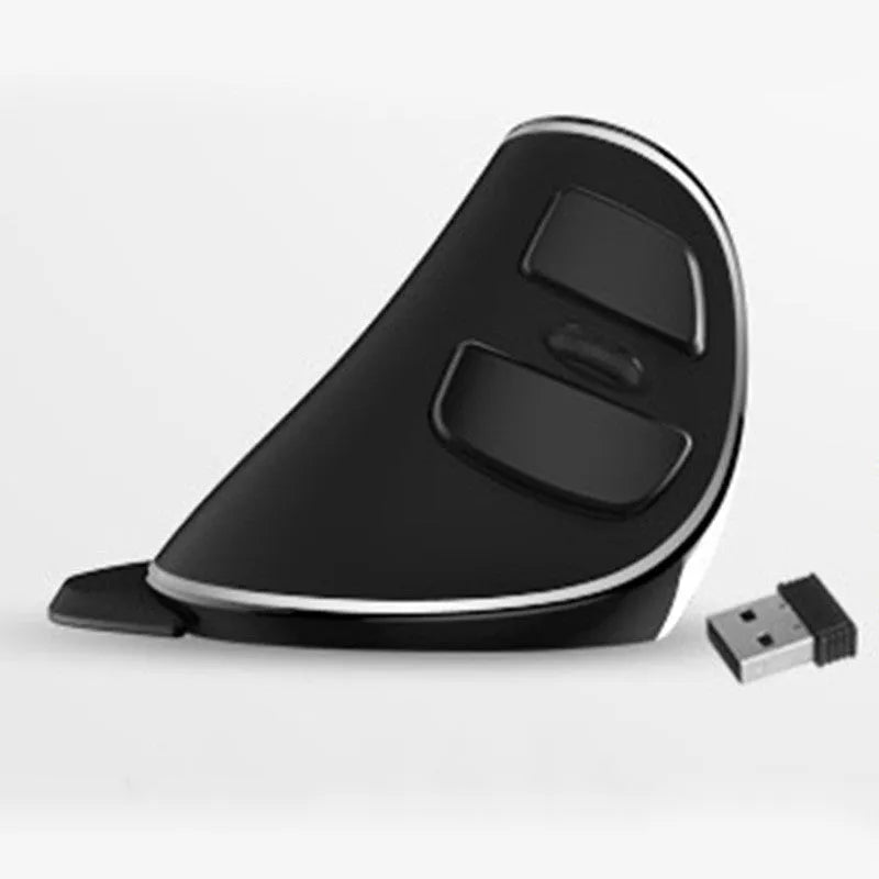 Black vertical ergonomic computer mouse with RGB lighting effects, shown with a USB cable.