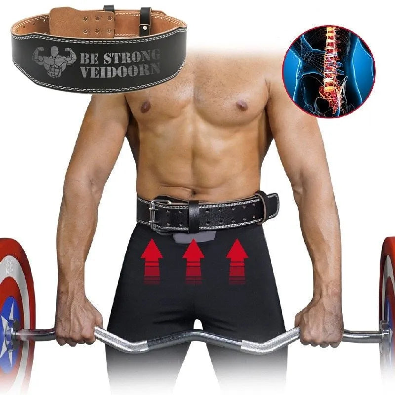Black narrow PU leather weightlifting belt with punching hole adjustments on a white background