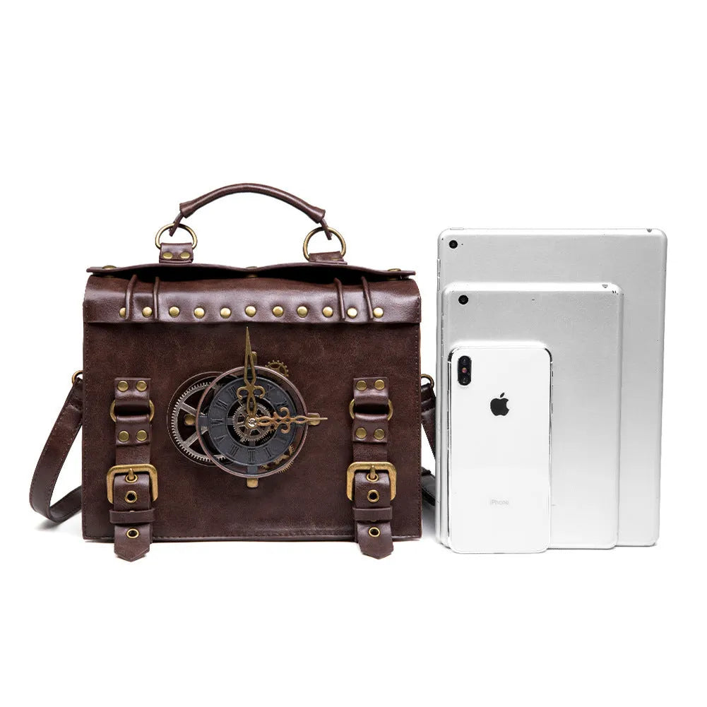 Bronze Steampunk industrial retro style PU leather shoulder bag with metal hardware.