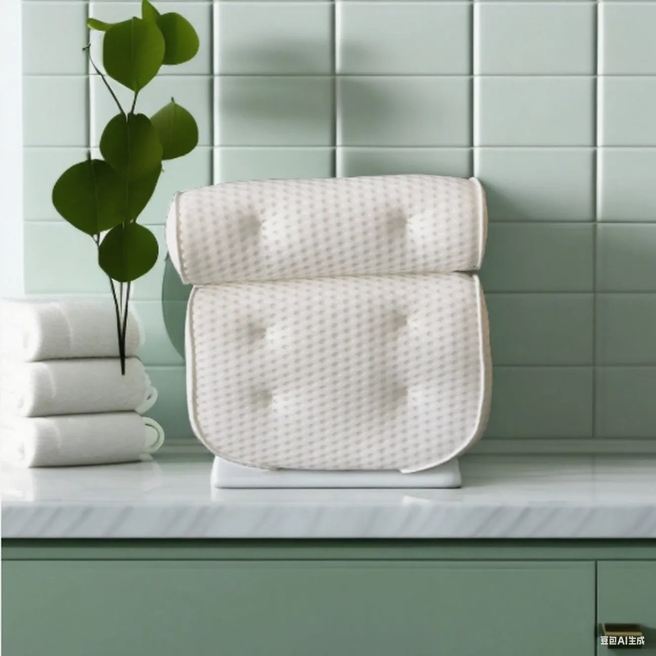 White 3D bathtub pillow with mesh fabric and suction cups on a bathtub edge.