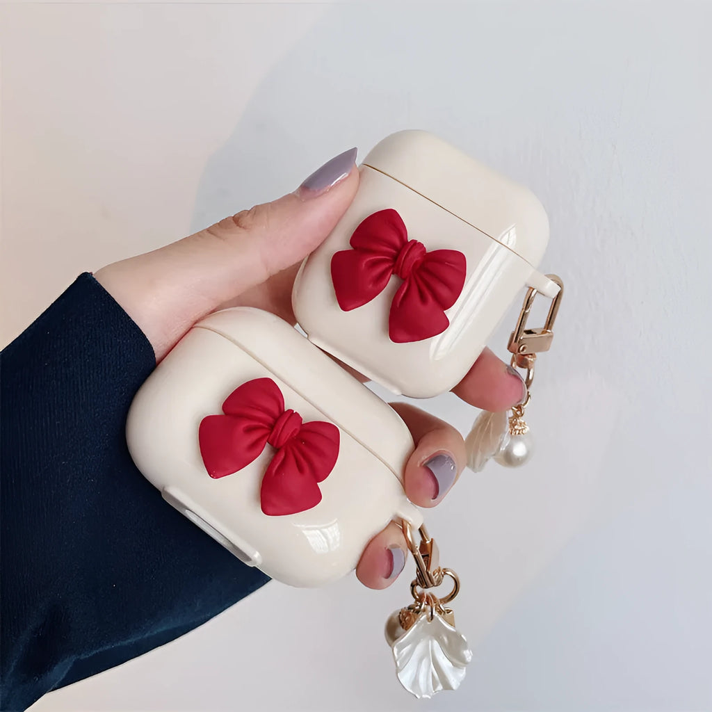 Beige red bow shell design TPU protective case for Apple AirPods Pro wireless earphones