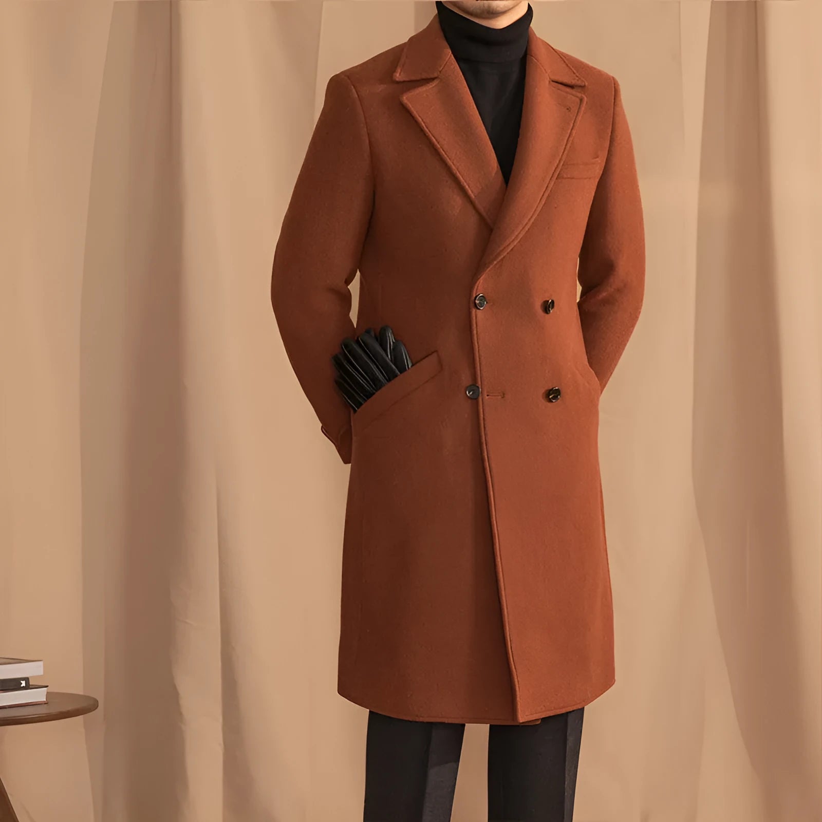 Double-breasted mid-length wool overcoat in caramel with suit collar, available in sizes M to 3XL