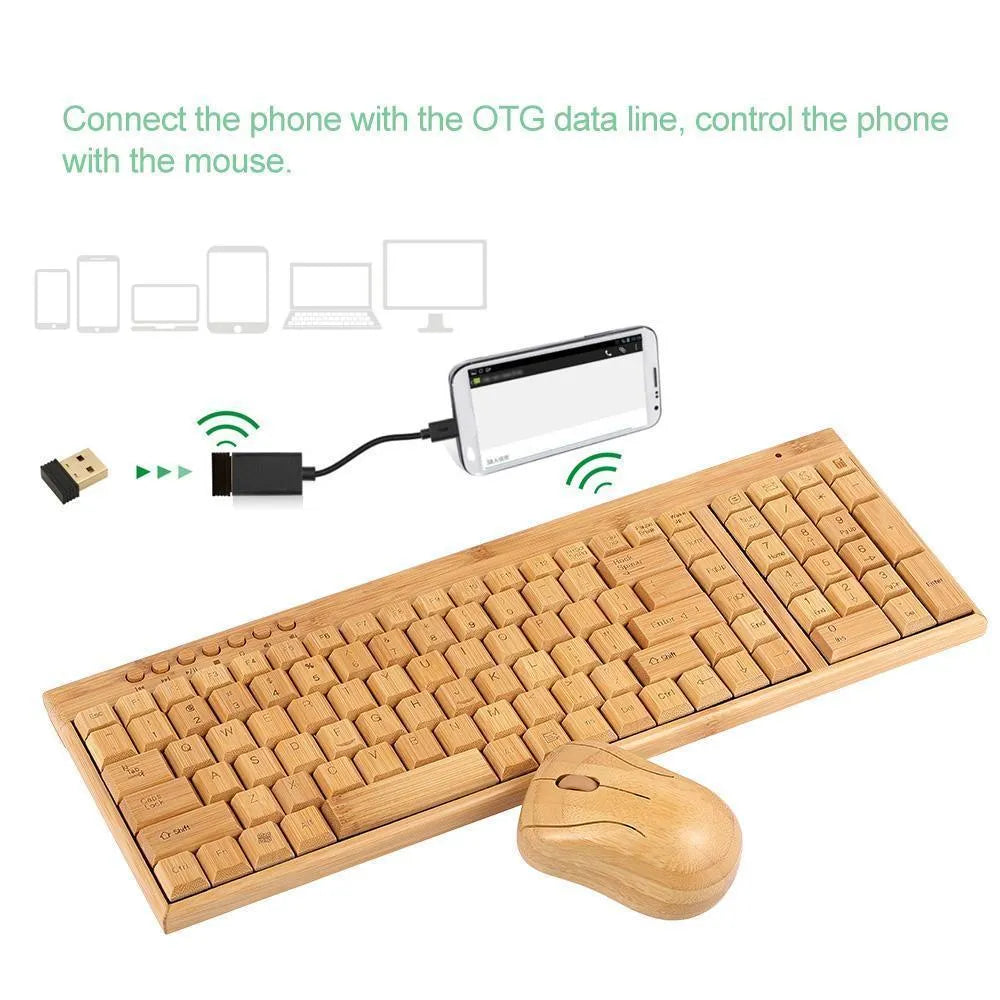 Bamboo wireless keyboard and mouse set on a wooden desk, natural finish, full-size keyboard and compact mouse