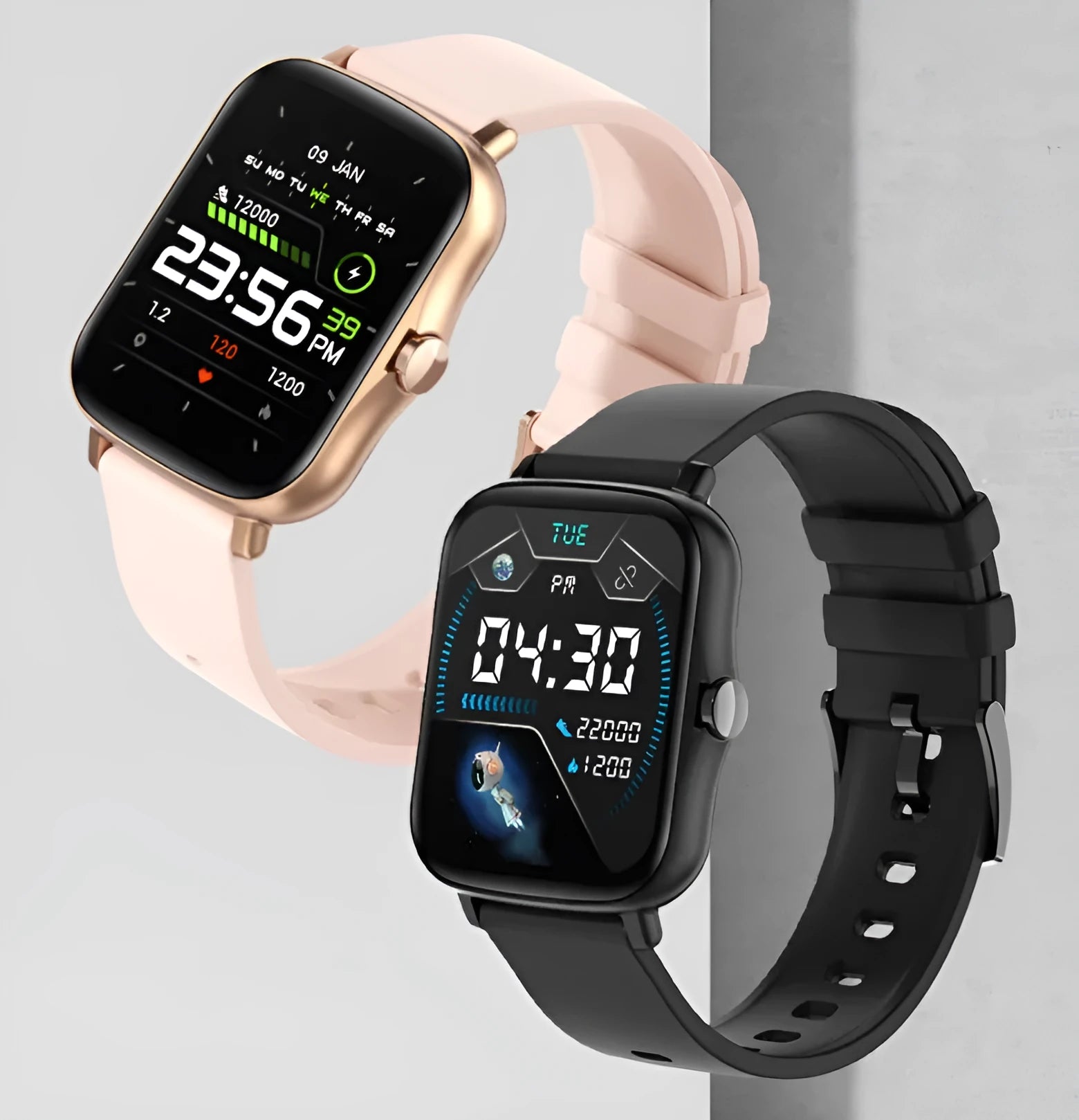 Blue smart sports watch with 1.7-inch colour touch screen on adjustable strap showing fitness data interface.