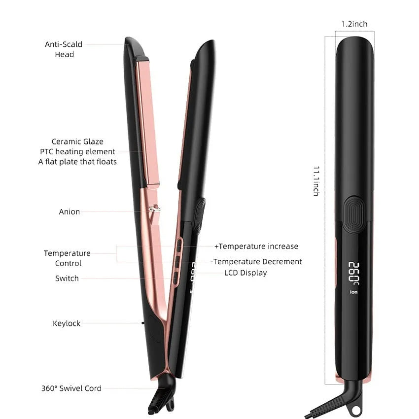 Hair straightener with temperature display showing 207℃ and negative ion technology