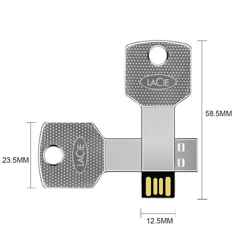White metal USB 2.0 flash drive with key-style conjoined design, 47.5 x 13.5 x 4.5 mm