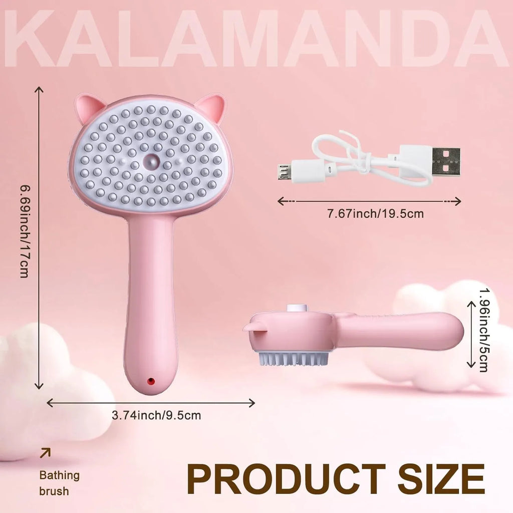 Cat ear-shaped steam brush with ergonomic handle and release button in blue, pink or yellow colour