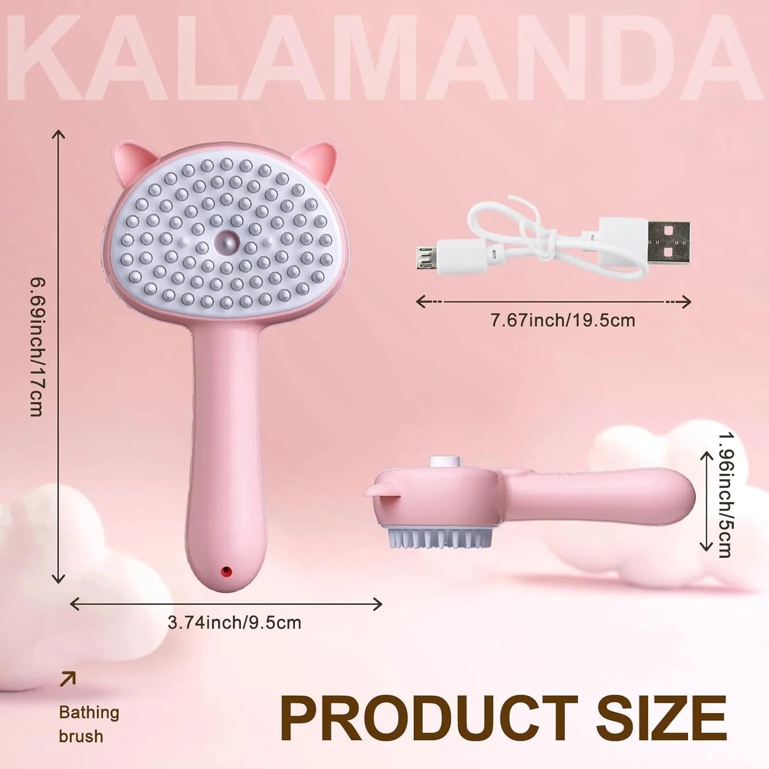 Cat ear-shaped steam brush with ergonomic handle and release button in blue, pink or yellow colour