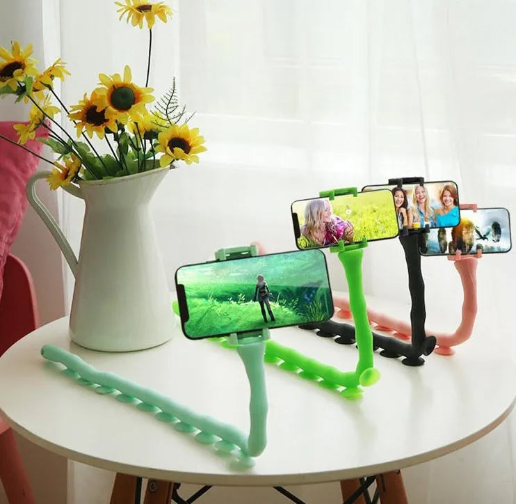 Flexible lazy bracket phone holder with suction cup mount in extended position