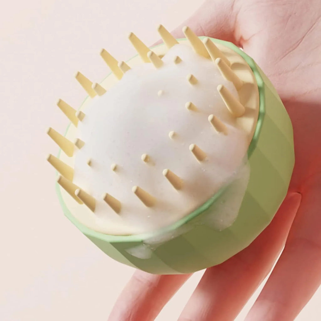 Green pink white pet shampoo massage brush with drain holes for dog and cat bath grooming