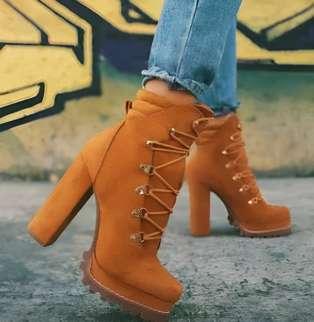 Women's suede high heel ankle boots with thick heel in army green, featuring round toe and Roman-style rivet details.