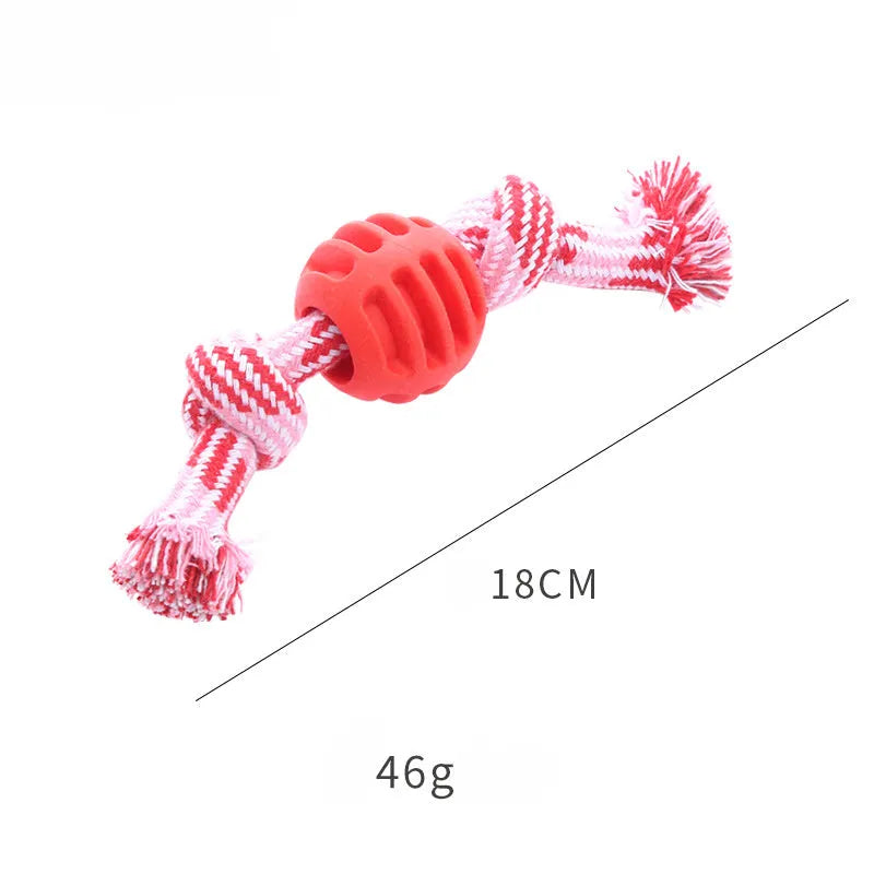 Blue soft dog chew toy in molar shape with integrated white ropes for dental cleaning.