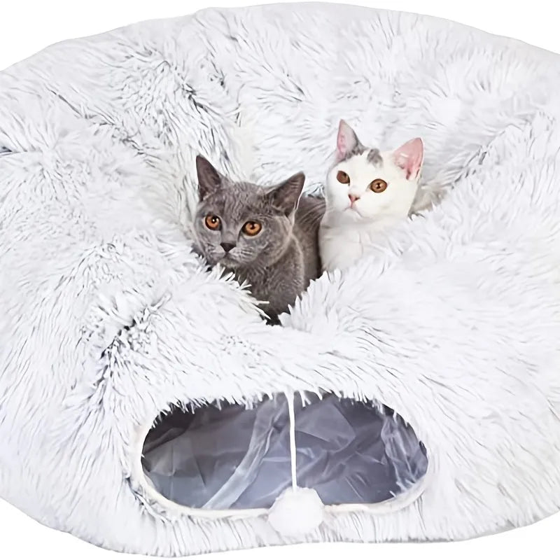 Round plush winter cat nest with attached tunnel in gray colour, foldable pet bed for indoor cats