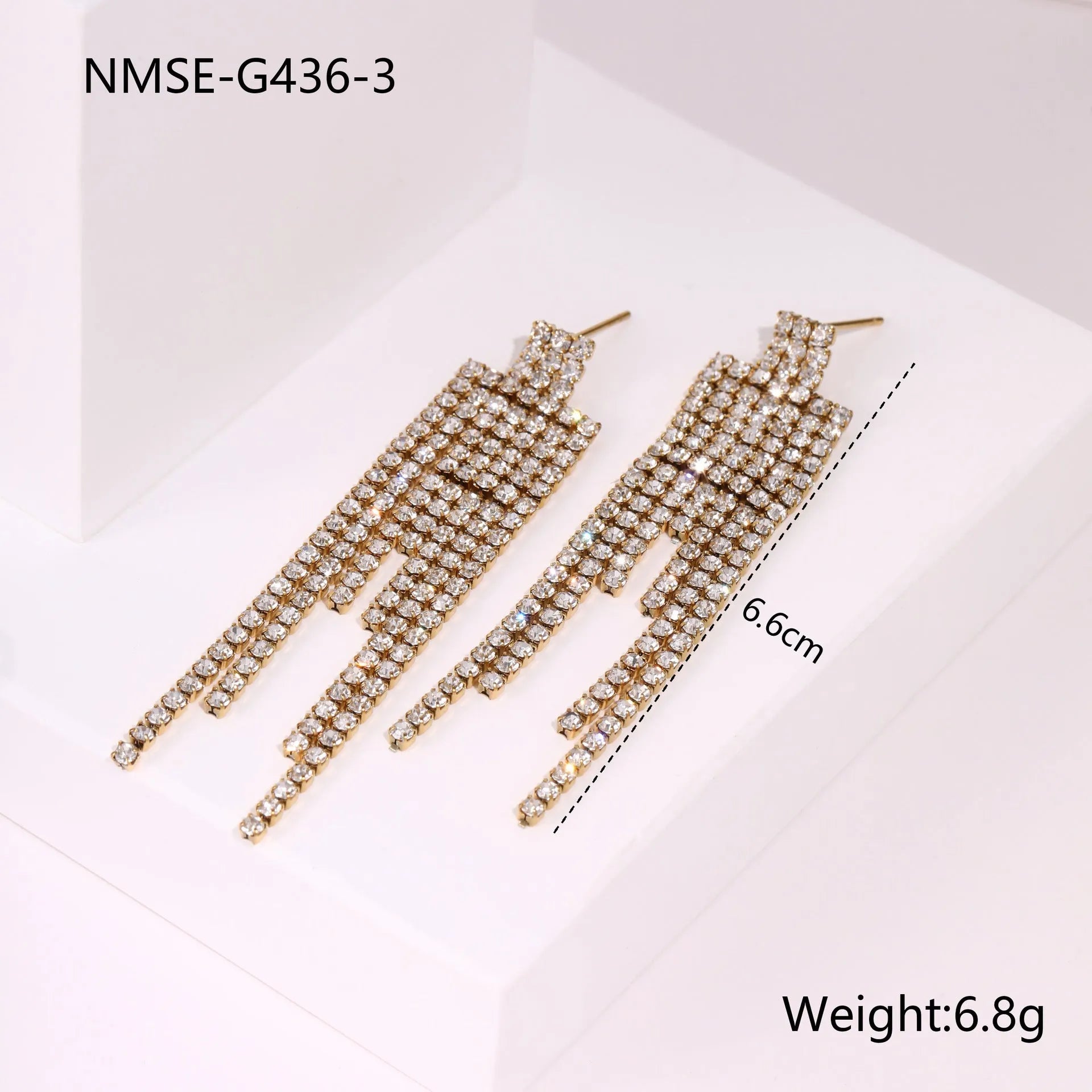 Women's stainless steel earrings with diamond tassel and heart or star shapes, 18K electroplated finish