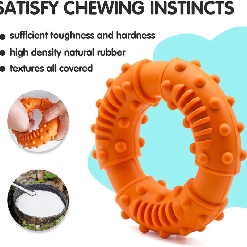Lightweight hollow dog fetching stick toy in blue, orange, or red, showing bendy plastic construction for safe chewing and fetch games.