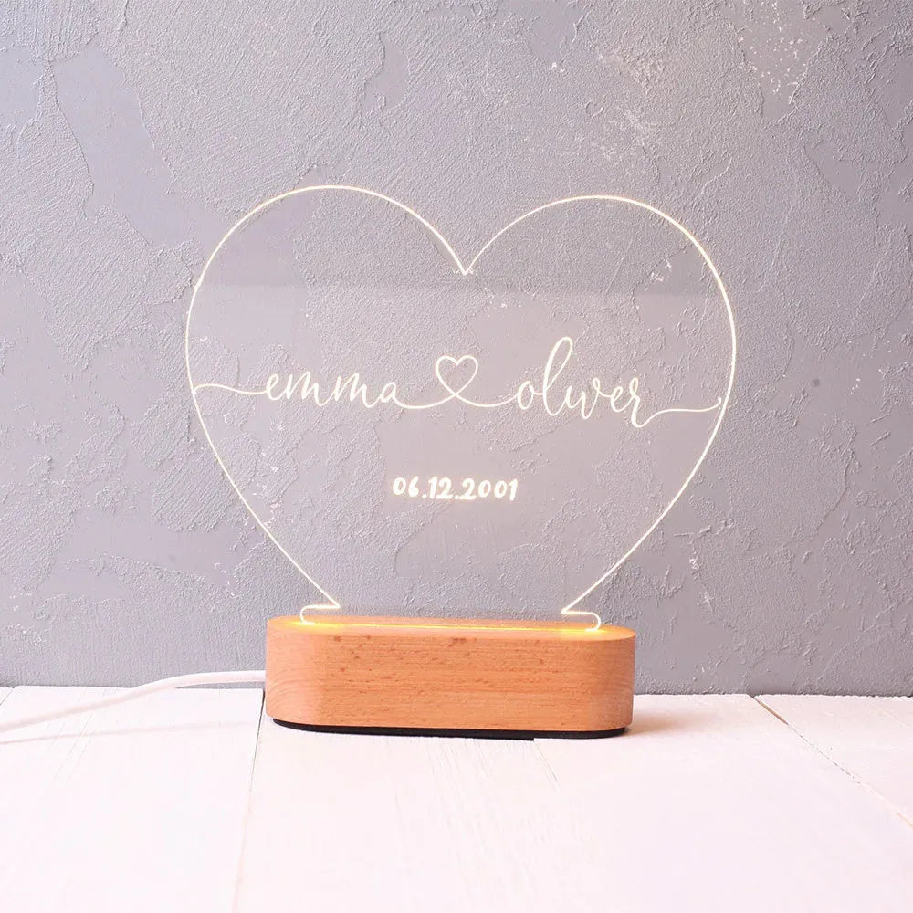 Custom acrylic LED night light personalised with names and date for Valentine's Day gift
