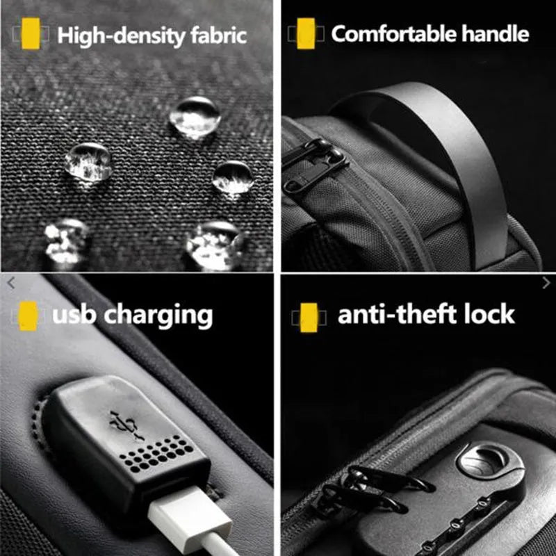 Waterproof Oxford cloth anti-theft shoulder bag showing organisational pockets and zipper closure