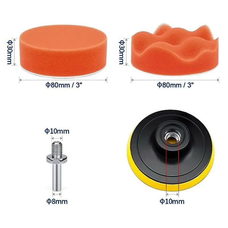 Automotive polishing pad set for waxing, polishing, and sealing, compatible with pneumatic and electric polishers