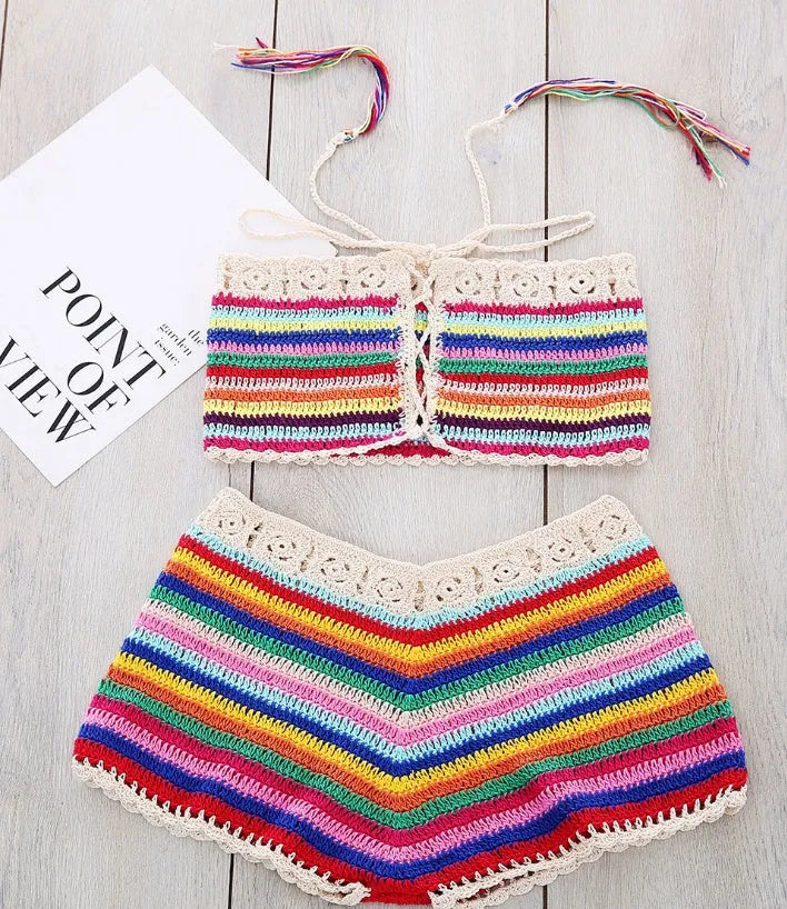 Women's red colour striped handmade bikini swimsuit in mercerised cotton and acrylic on model