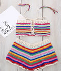 Women's red colour striped handmade bikini swimsuit in mercerised cotton and acrylic on model