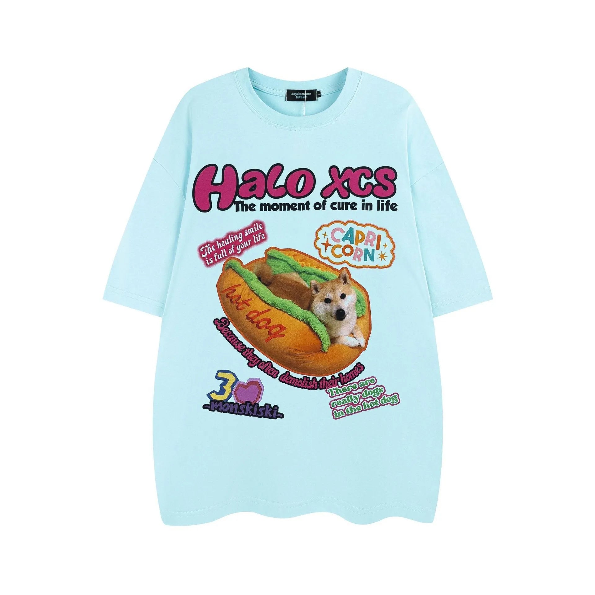 Cartoon hamburger dog printed loose fit cotton T-shirt in white colour
