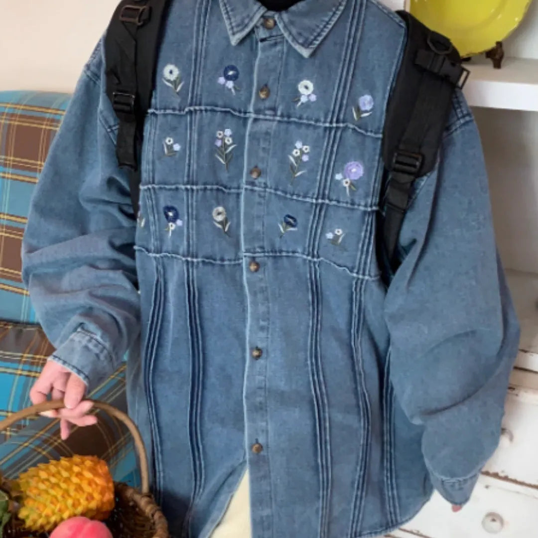 Vintage washed blue denim long-sleeved shirt with small floral pleated detail