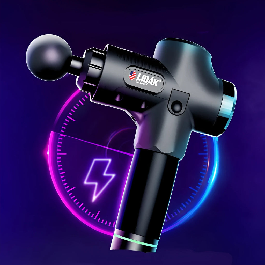 Fascia massage gun with 30-speed settings, 24V brushless motor, and six massage heads in black colour