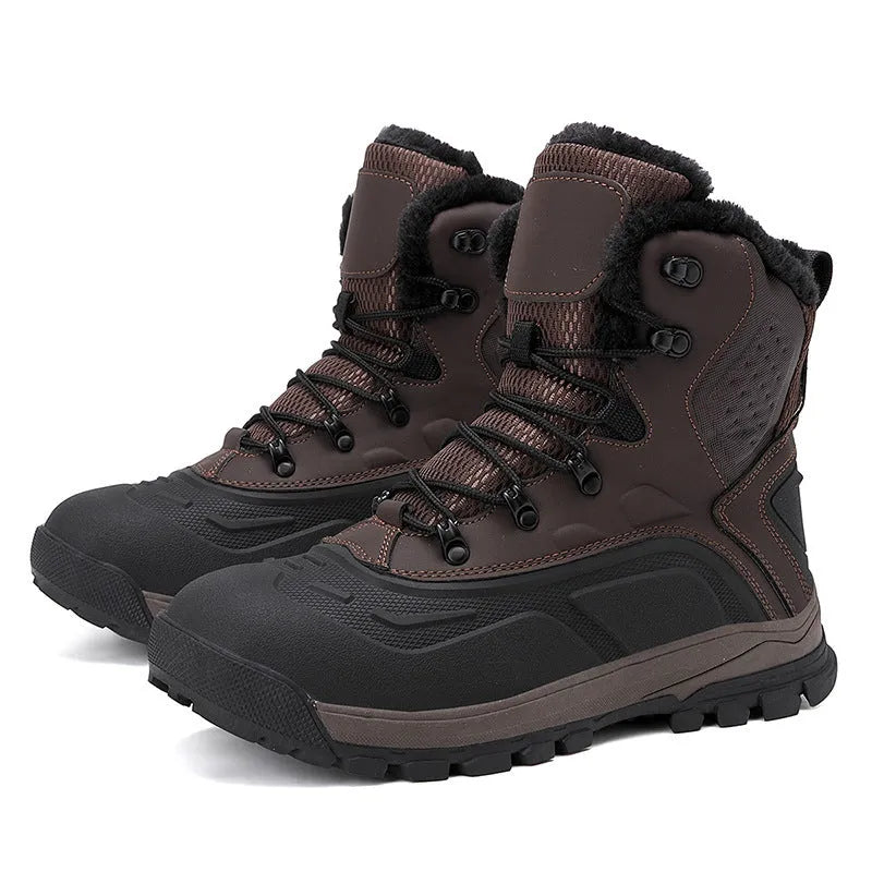 Men's black high-top winter boots with fleece lining and lace-up front, showing ribbed sole.