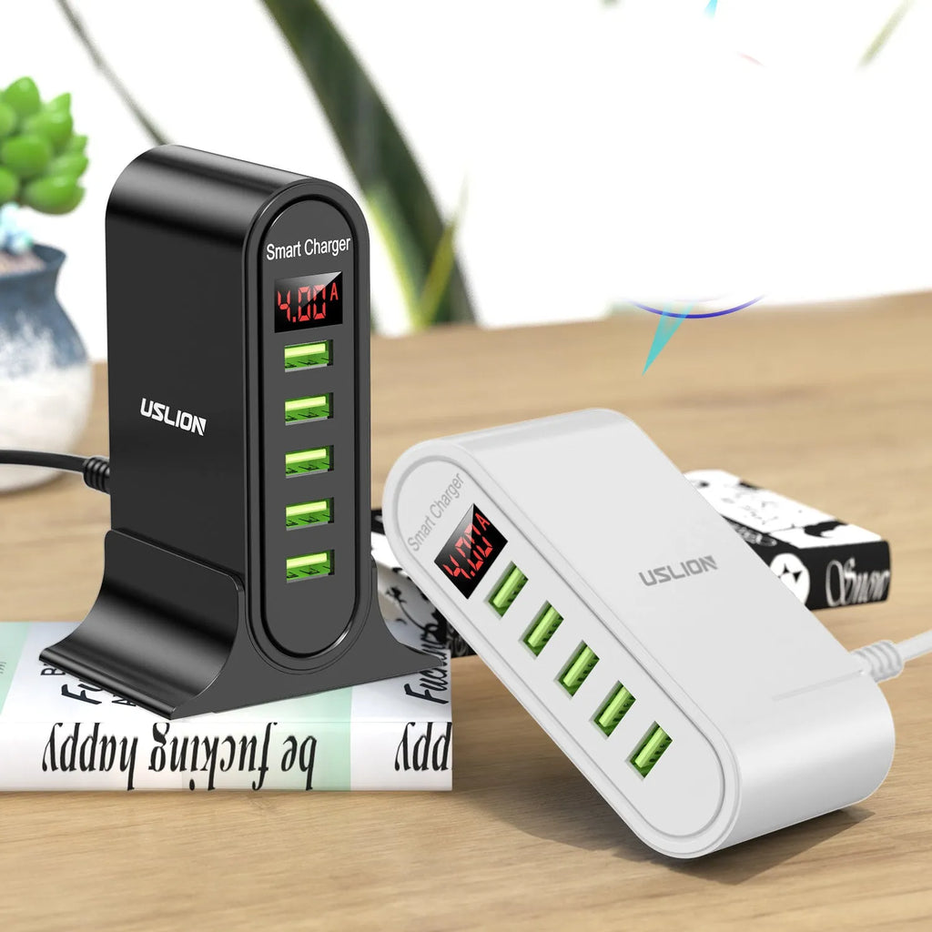 Smart LED digital display USB charger in black or white with choice of plug styles
