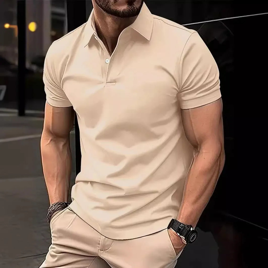 Men's slim-fit solid colour short sleeve button-up shirt in a cotton-mix fabric