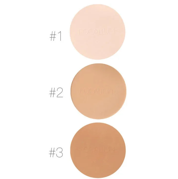 Focallure Fabulous Pressed Face Makeup Powder in Natural Bridge shade with compact and blow