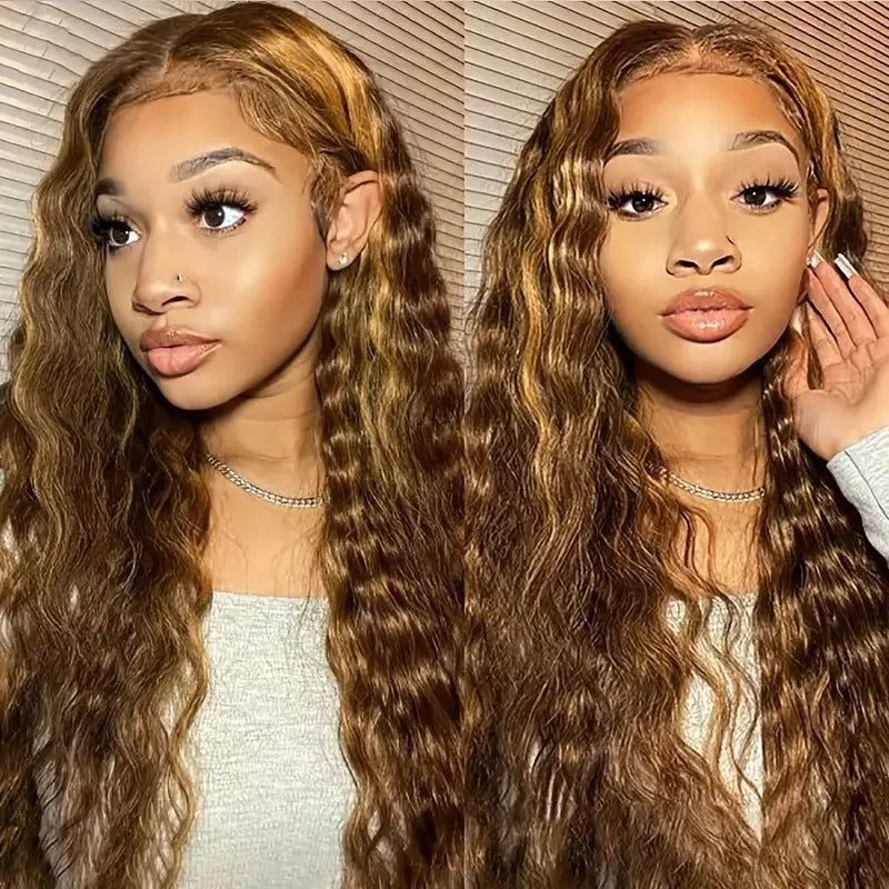 Medium volume long curly lace wig with gradient highlights in light gold colour for face shape modification