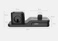 Black silicone 3-in-1 charging base for iPhone, iWatch, and AirPods on a plain surface